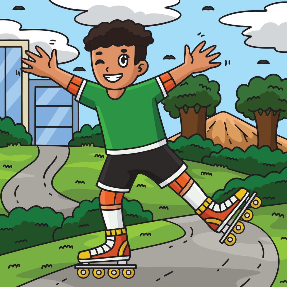 Inline Skater Waving Colored Cartoon Illustration vector