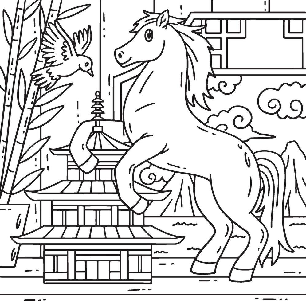 Year of the Horse 2026 Miniature Pagoda Coloring vector