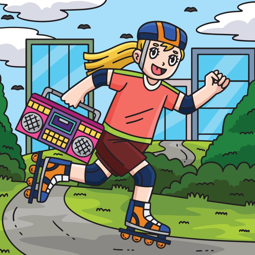 Female Inline Skater with a Radio Colored Cartoon vector