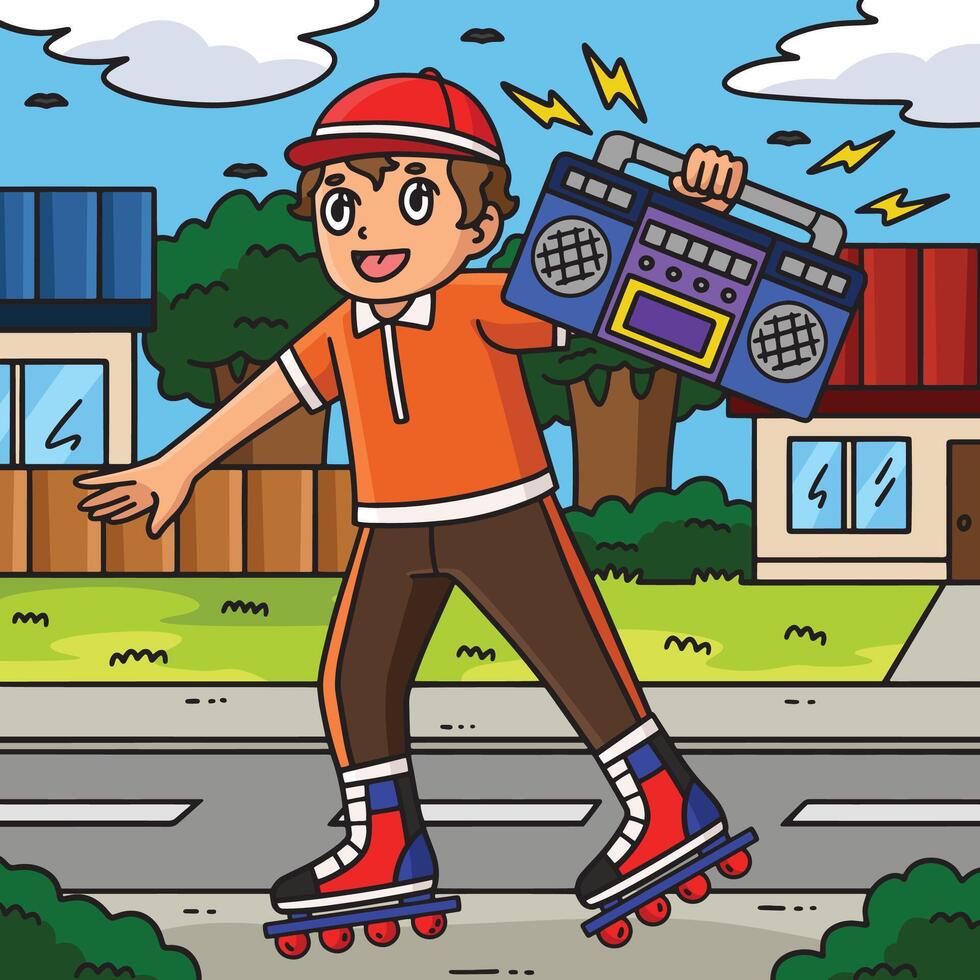 Inline Skater Carrying a Radio Colored Cartoon vector