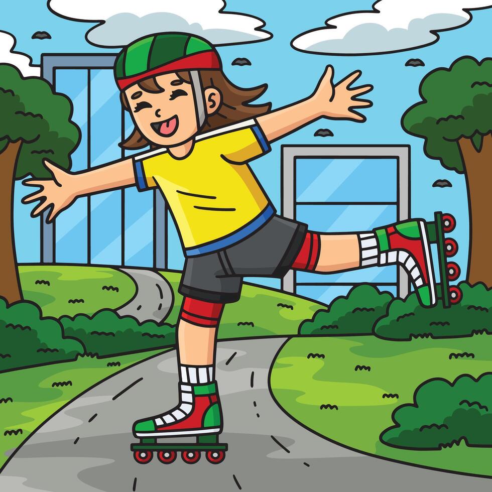 Female Inline Skater Lifting One Foot Colored vector