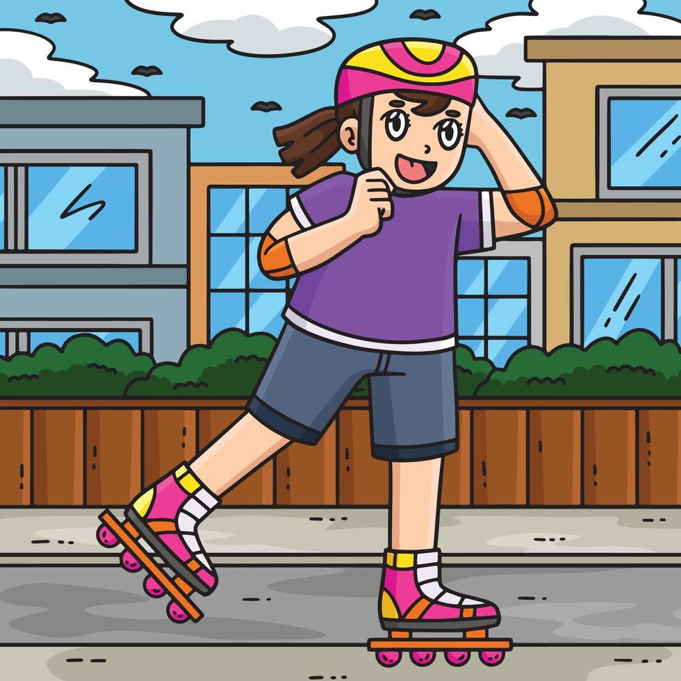 Female Inline Skater Adjusting Helmet Colored vector