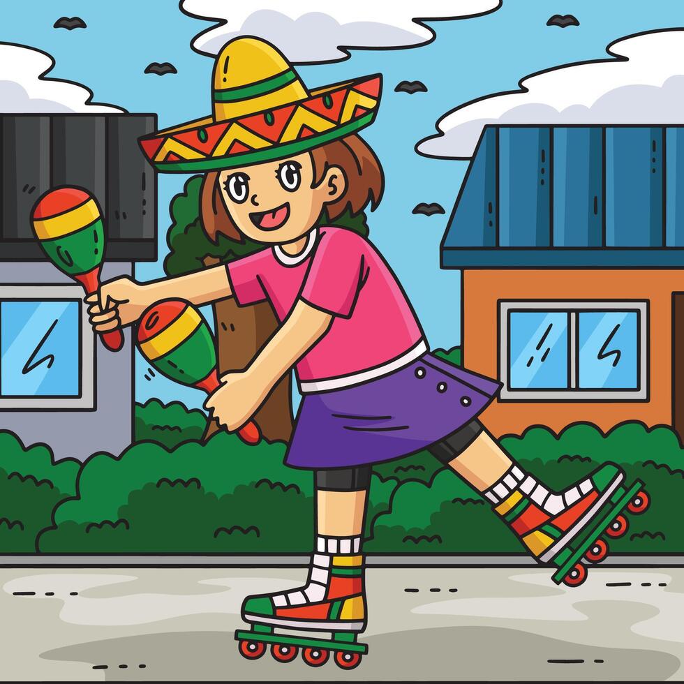 Female Inline Skater Playing Maracas Colored vector