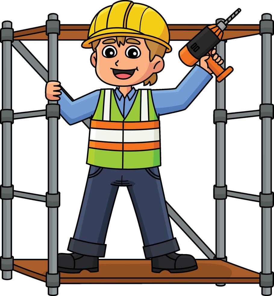 Construction Worker on Scaffolding Cartoon Clipart vector