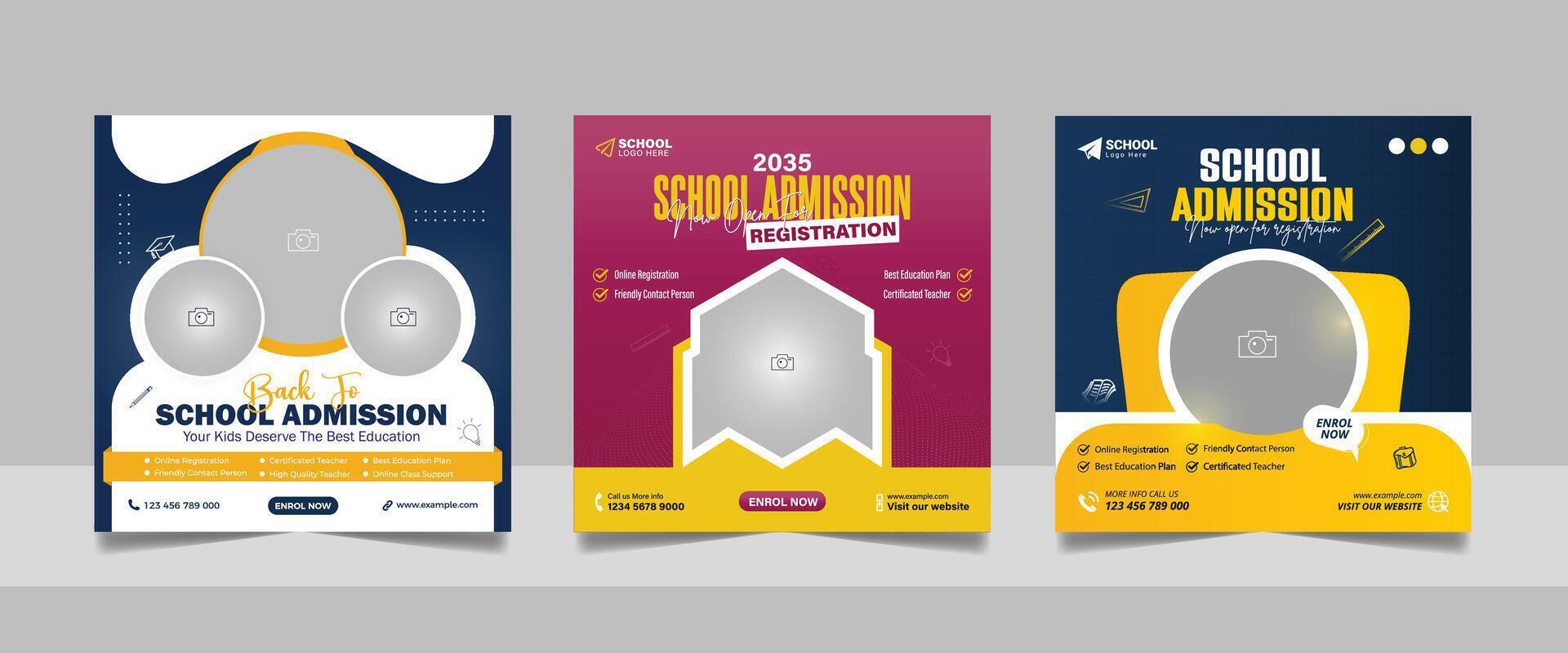 back to school admission social media post set, higher education promotion square flyer vector