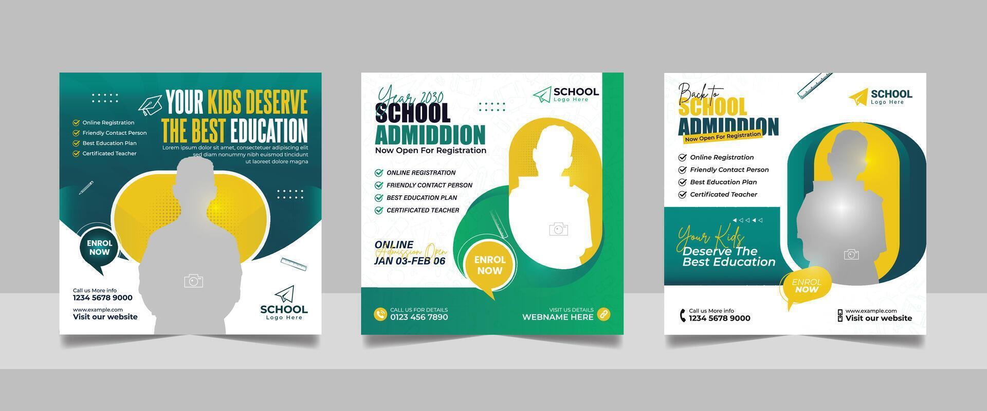 back to school admission social media post set, higher education promotion square flyer web banner study abroad template design. vector