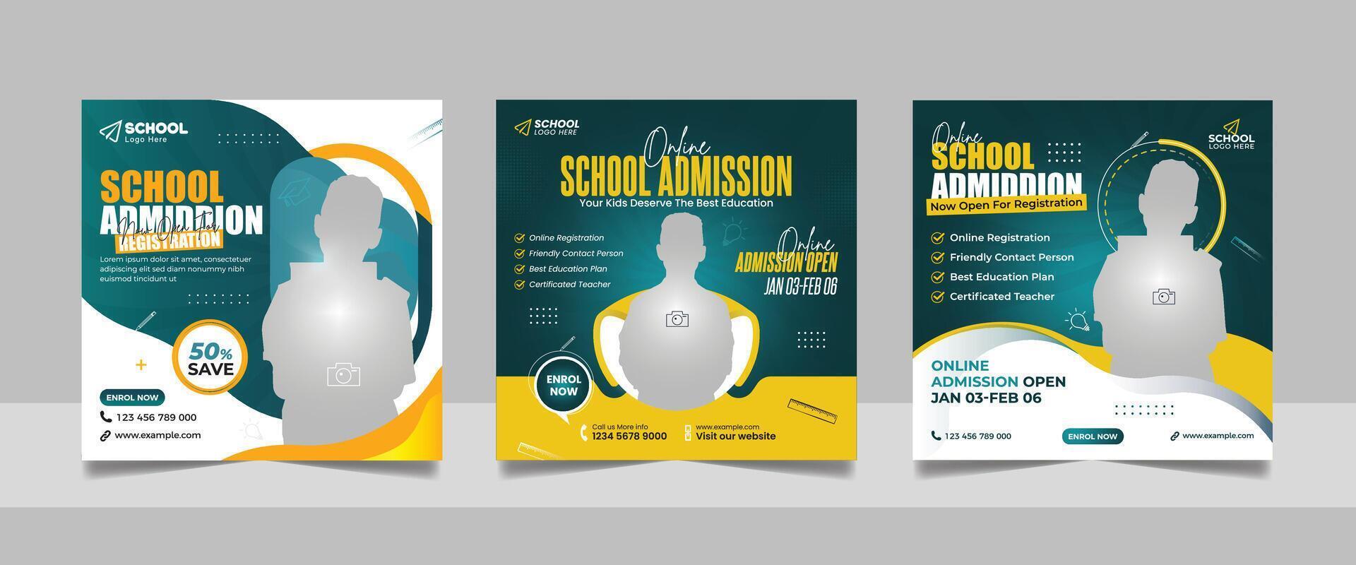 back to school admission social media post set, higher education promotion square flyer study abroad banner vector