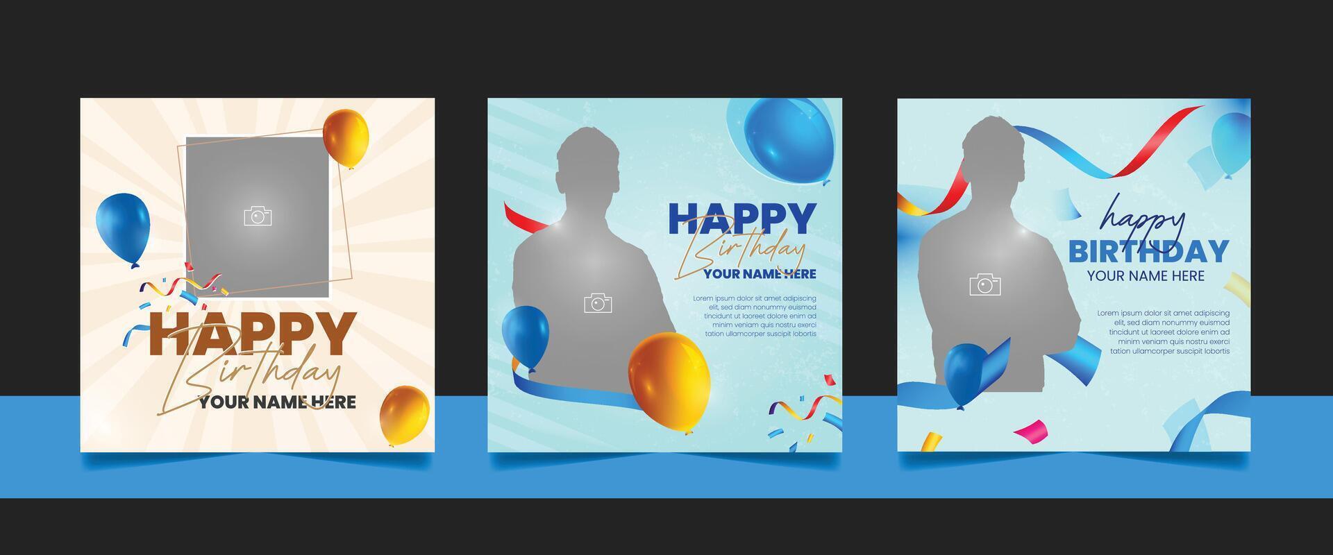 Birthday wishes social media post template, party invitation or greeting card, anniversary celebration event square banner poster design set vector