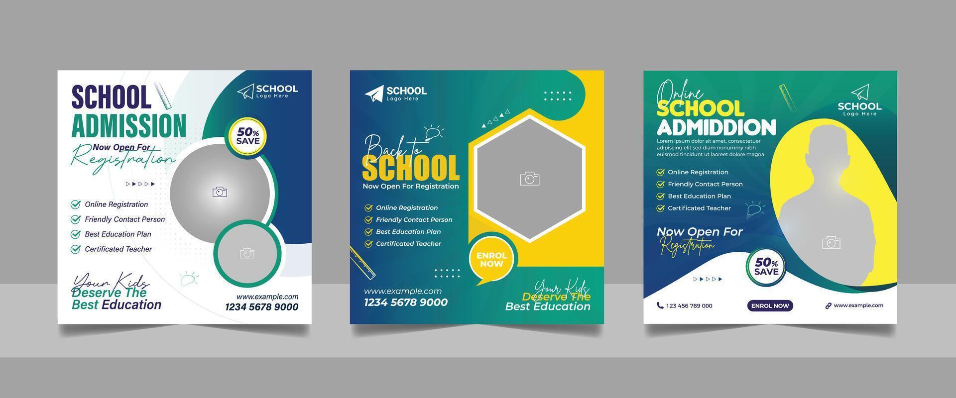 back to school admission social media post set, higher education promotion square flyer web banner study abroad template. vector
