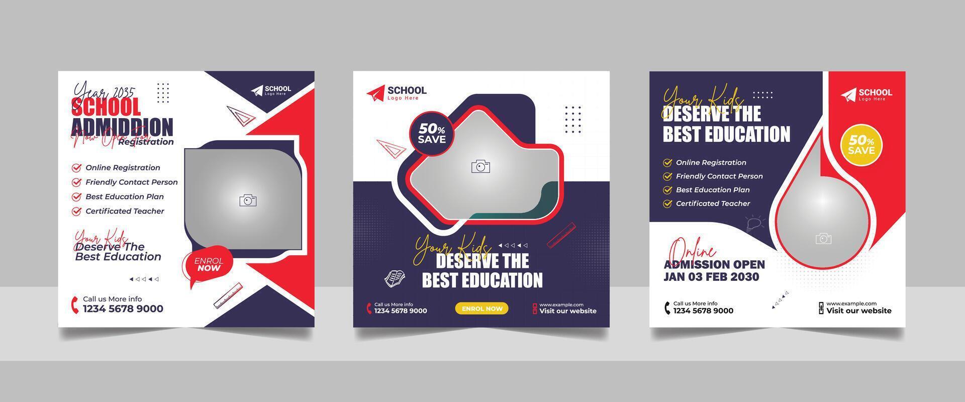 back to school admission social media post set, higher education promotion square flyer template vector