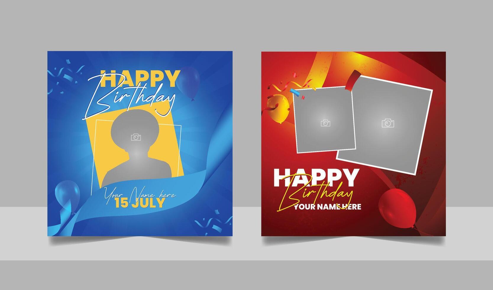 happy birthday wishes social media post template, party invitation or greeting card, anniversary celebration event square banner poster design set vector