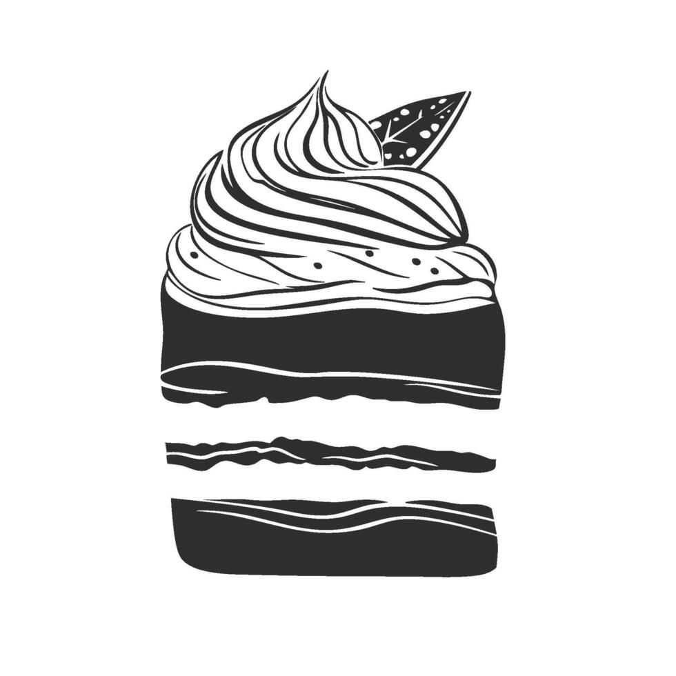 Layered Cake With Whipped Cream And Leaf Silhouette Illustration. Dessert Art And Culinary Design Isolated Illustration vector