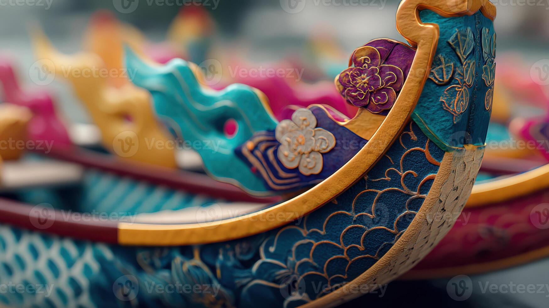A close-up of a traditional dragon boat with exquisite Dragon Boat Festival decorations photo