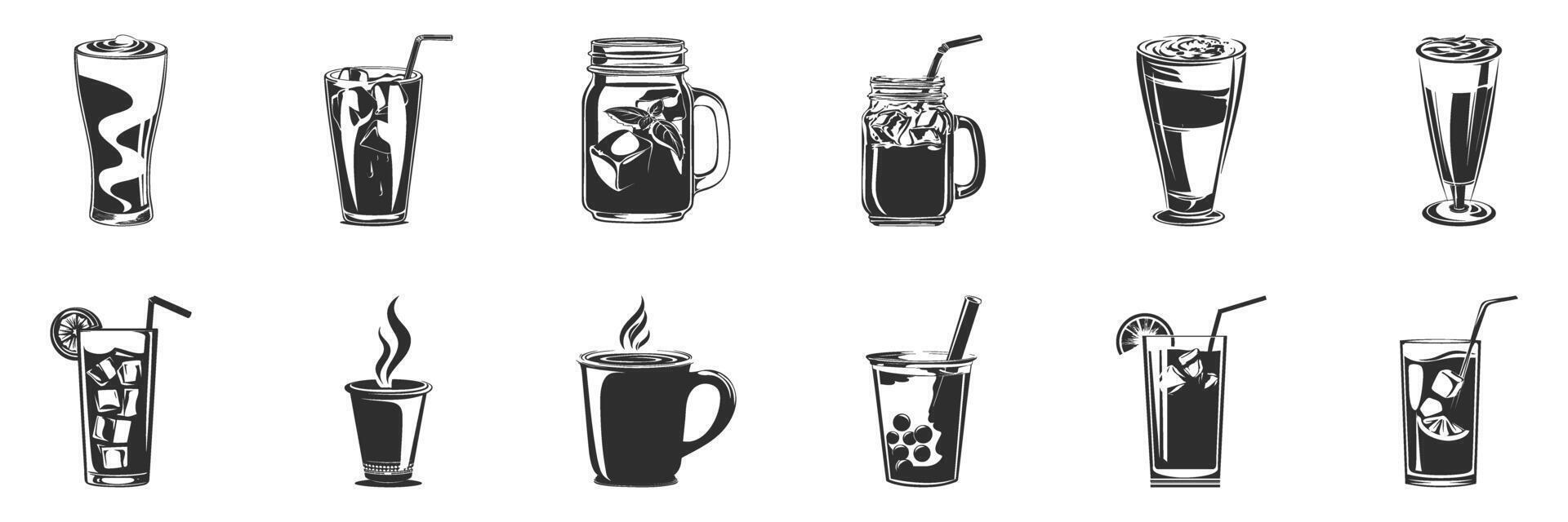 Silhouette Of Various Beverage Glasses And Mugs. Drink Variety And Presentation Concepts. Isolated Illustration Collection vector