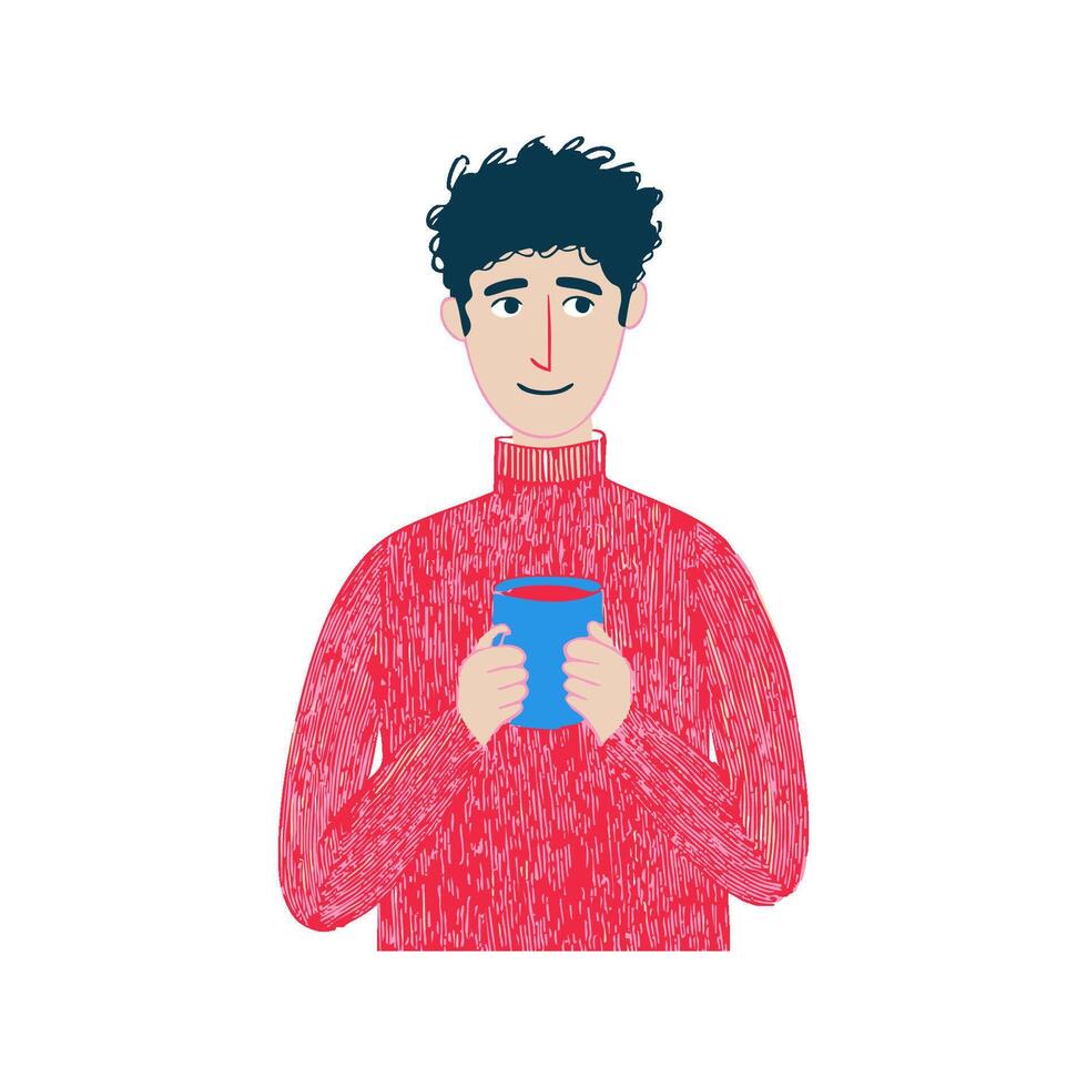 Man Holding Coffee Cup In Red Sweater In Hand Drawn Doodle Style. Cozy And Relaxed Mood. Isolated Illustration vector