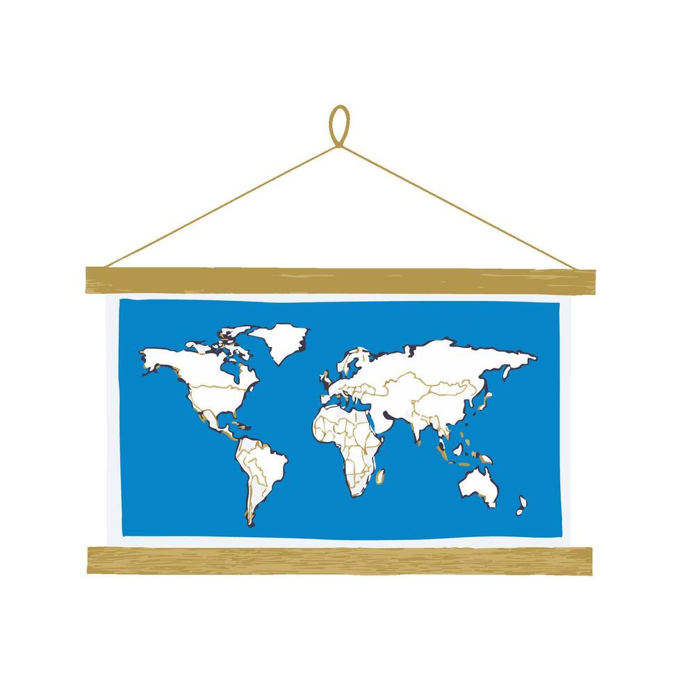 Hanging World Map in Hand Drawn Doodle Style Isolated Illustration on Transparent Background vector
