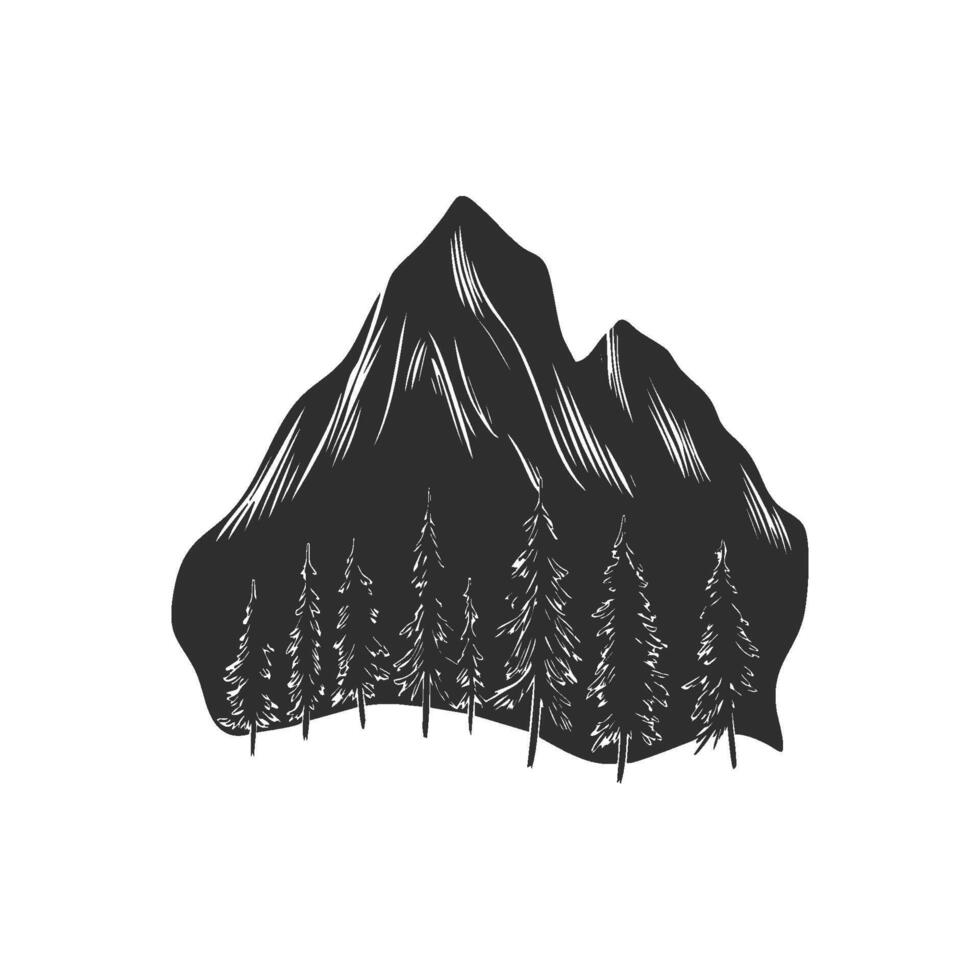 Mountain And Pine Forest Silhouette Illustration. Nature And Wilderness Theme Isolated Illustration vector