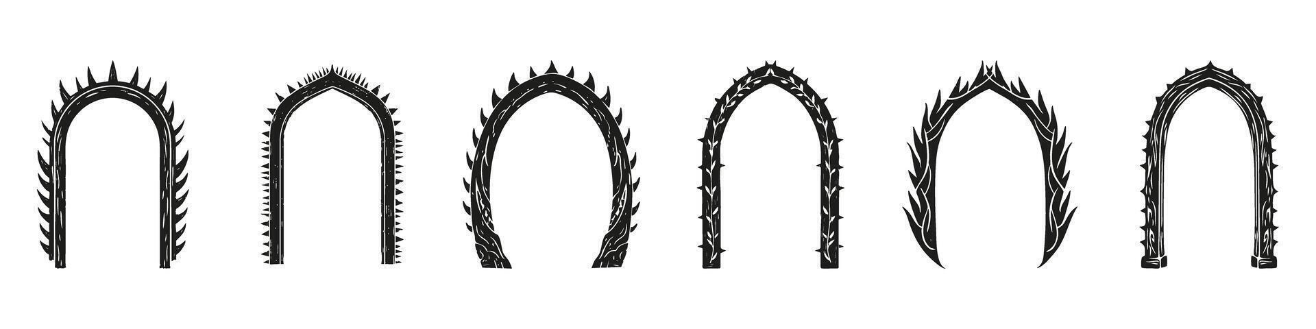 Gothic Archway Designs Set. Dark Fantasy And Medieval Architecture Collection. Isolated Illustration vector
