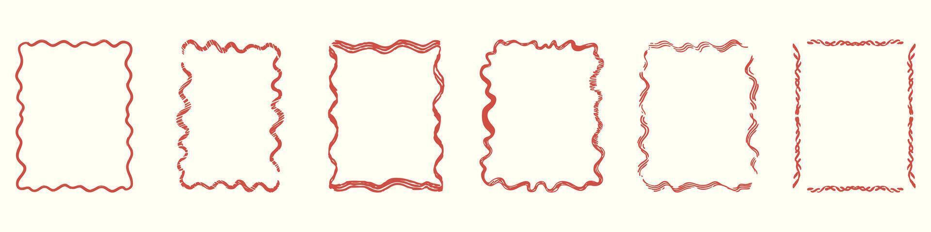 Wavy Red Frame Designs Set. Decorative Border Collection. Isolated Illustration vector