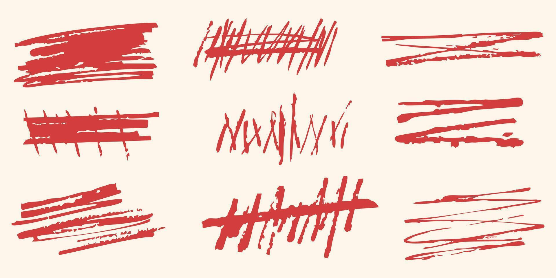 Red Grunge Brush Stroke Elements Set. Artistic Texture And Design Collection. Isolated Illustration vector