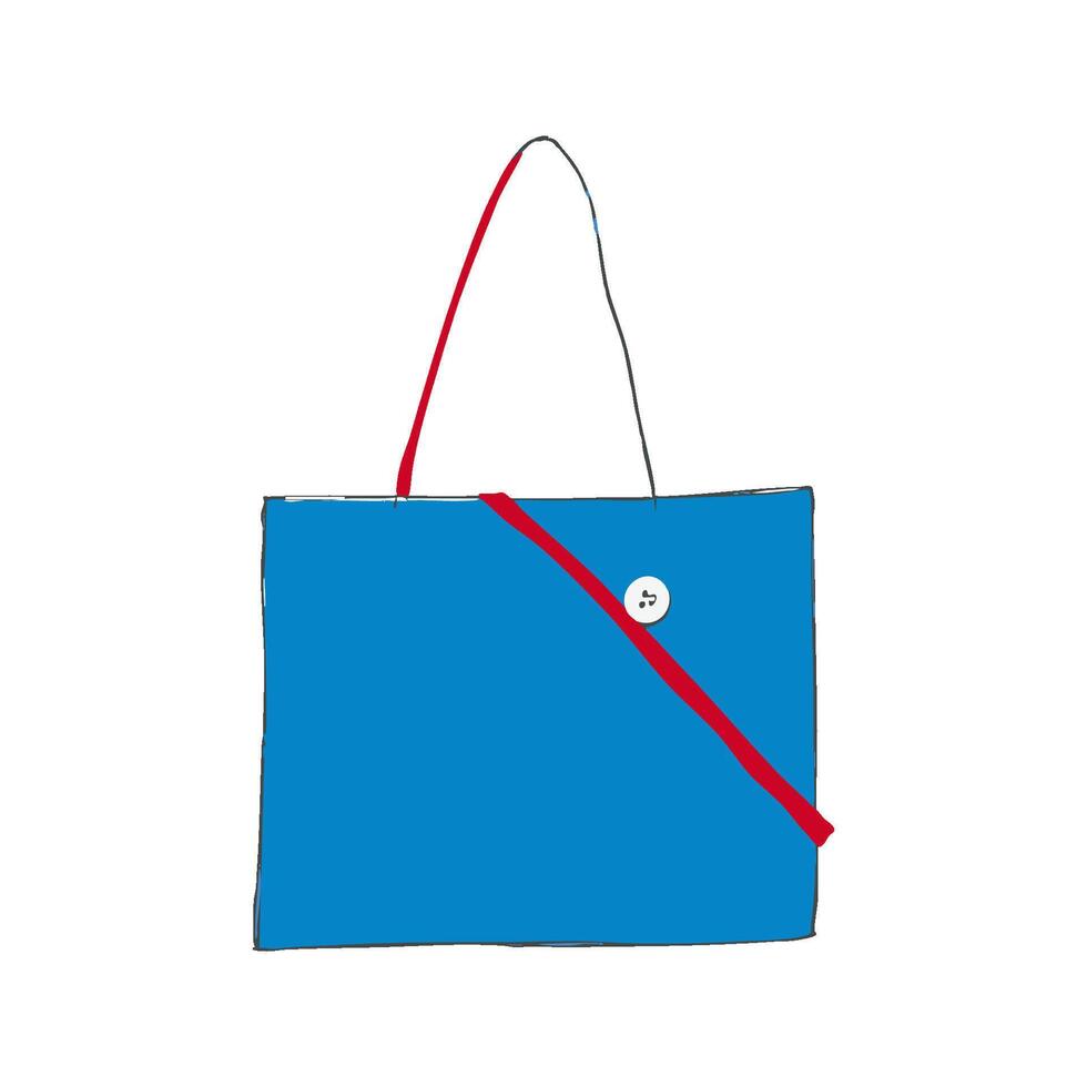Blue Tote Bag With Red Strap And Button Closure In Hand Drawn Doodle Style. Fashion Accessory Design. Isolated Illustration vector