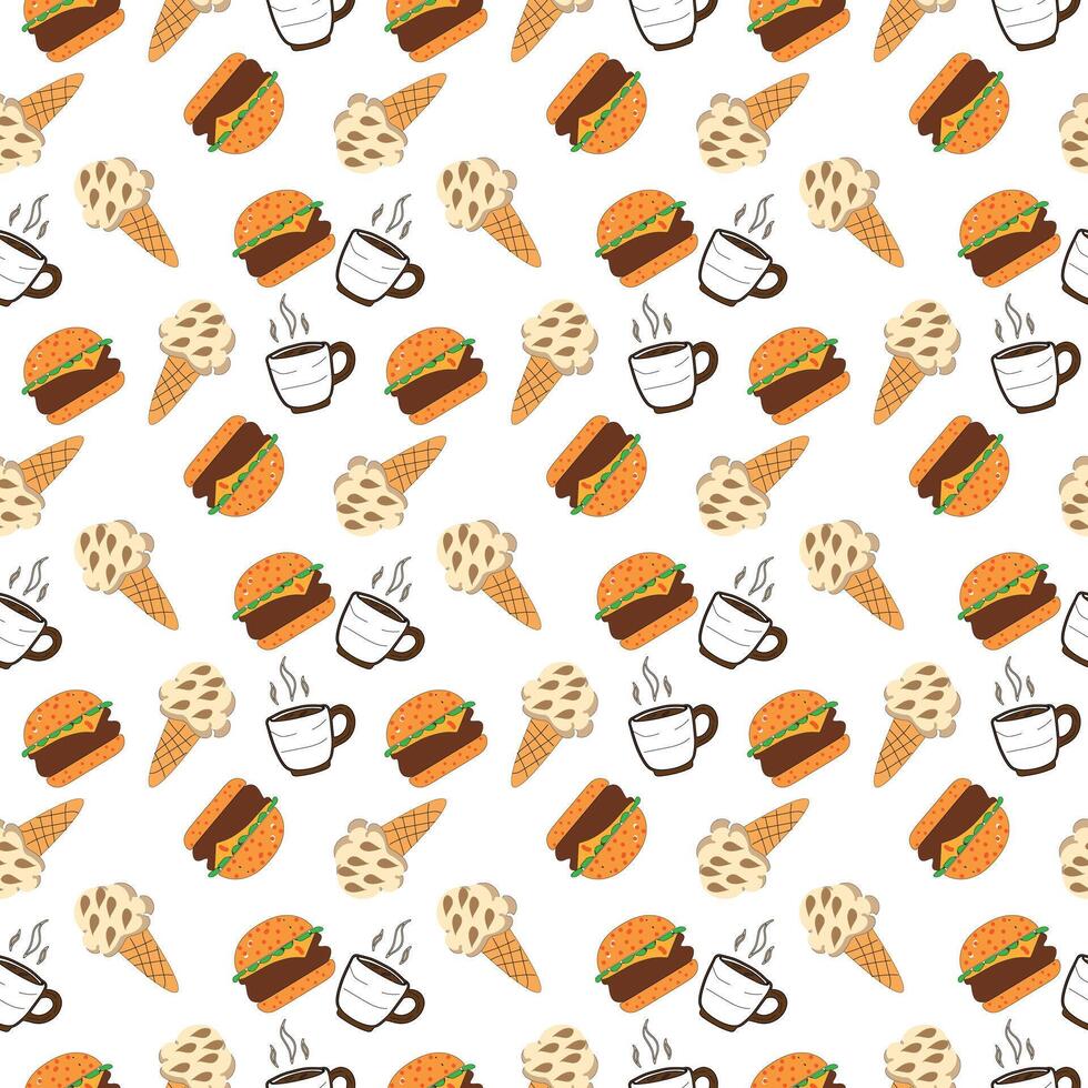 Fast Food Pattern Seamless Background Burger, Coffee, Ice Cream . vector
