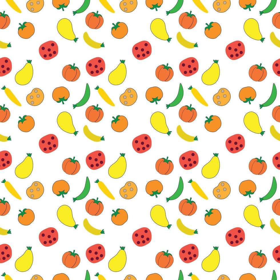 Colorful Seamless Vegetable Pattern, Hand Drawn Cartoon Style Tomatoes, Squash, Peas, and Potatoes on White Background vector