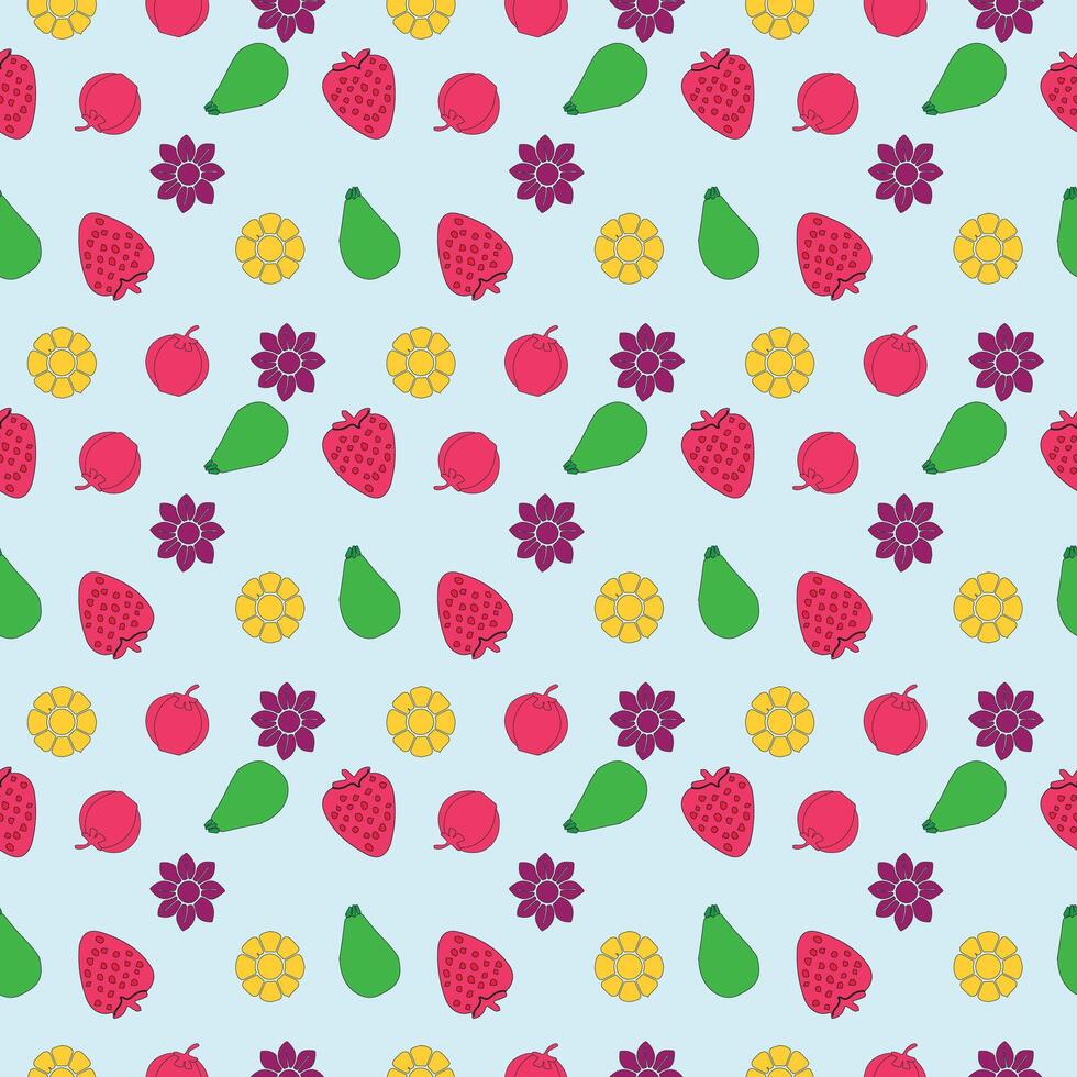 Colorful Fruit and Flower Seamless Pattern Strawberry, Pear, Peach and Floral Background. vector