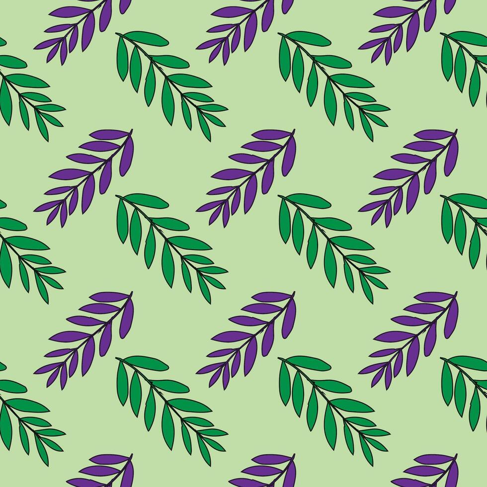 Seamless Green and Purple Leaf Pattern on Light Green Background Botanical Nature Design. vector