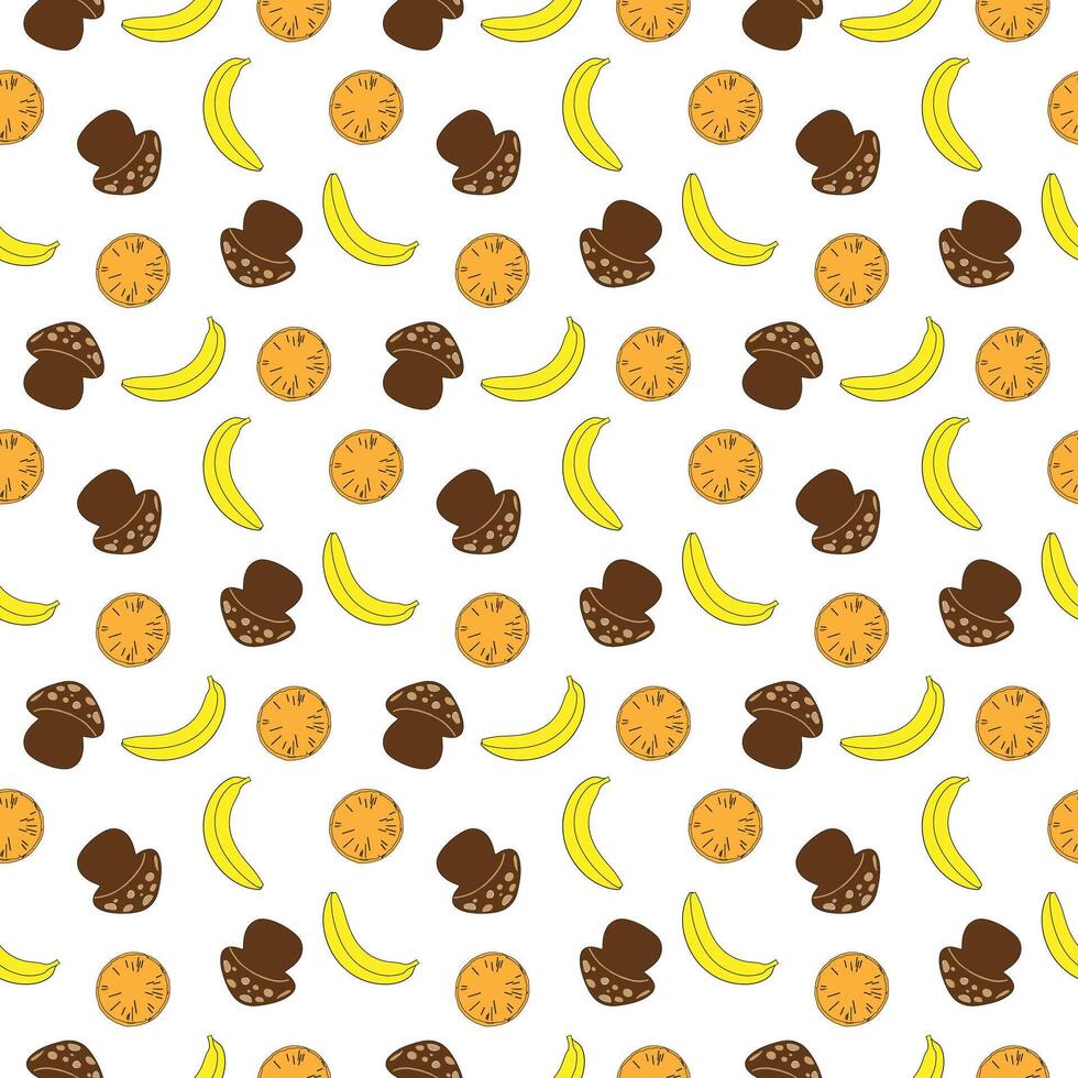 Seamless Cartoon Fruit and Muffin Pattern Banana, Orange, and Chocolate Muffin Design on White Background. vector