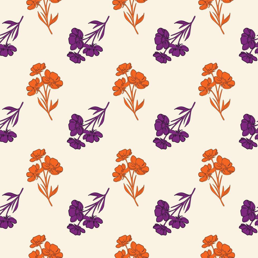 Seamless Orange and Purple Floral Pattern on Cream Background Elegant Flower Design vector