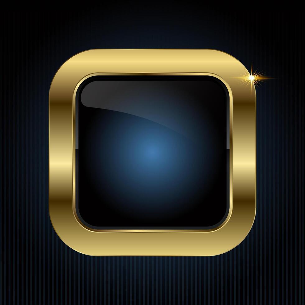 A Luxury square button features a glossy black center with a radiant blue glow, encased in a smooth gold frame, illustration button design vector