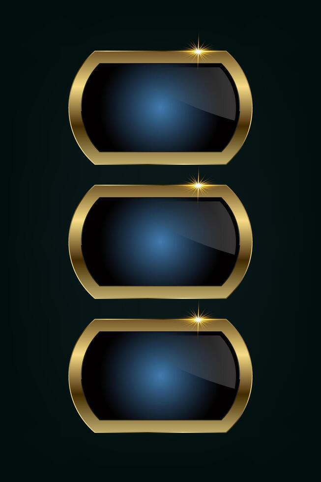 Group of three premium sleeks, rounded rectangle with a glossy black-blue center and golden border, radiating sophistication and exclusivity. and illustration vector