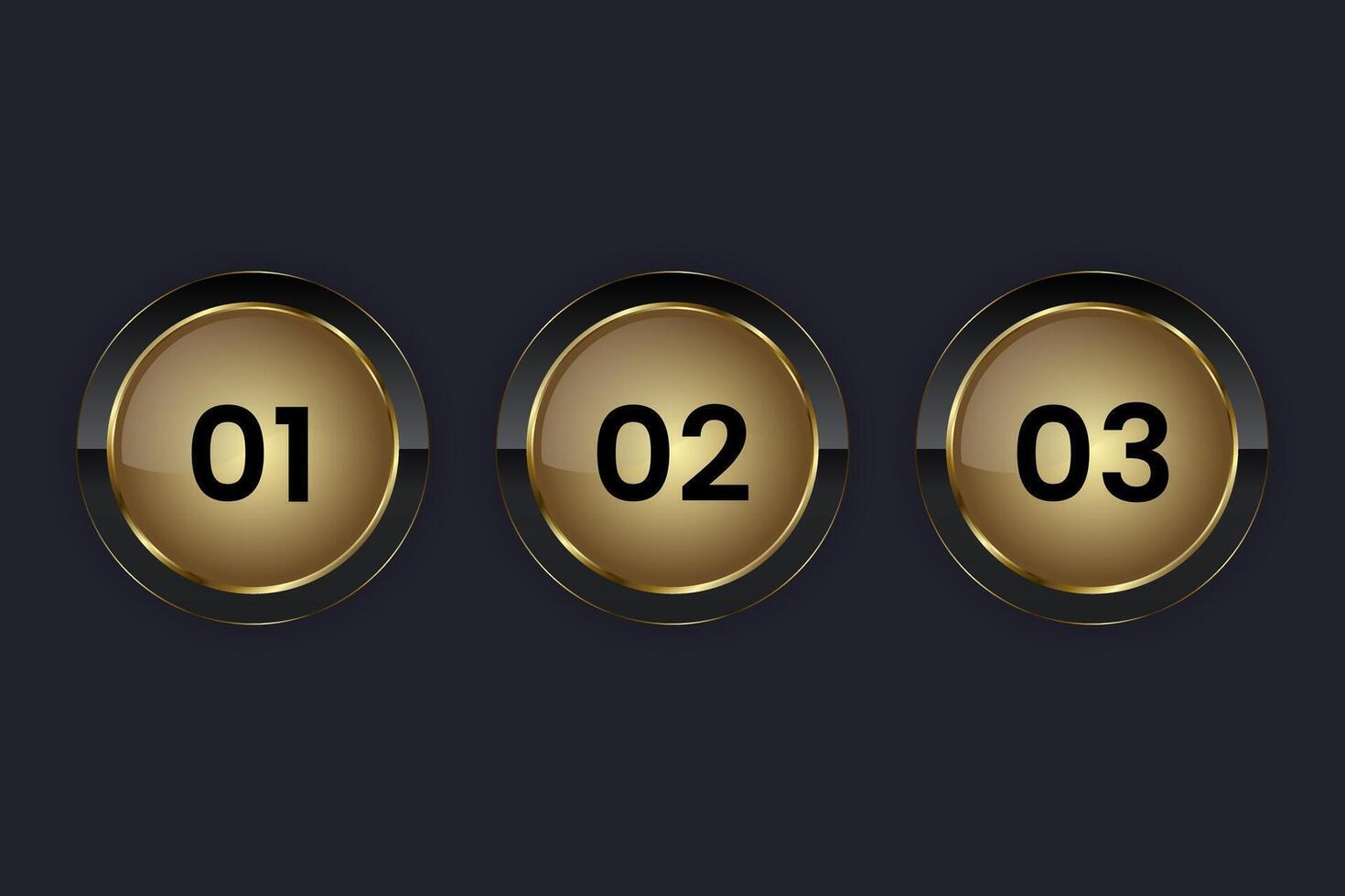 Three Luxury circle buttons on dark background used for web UI design, Set of three dark premium High level buttons for Infographic process, illustration vector