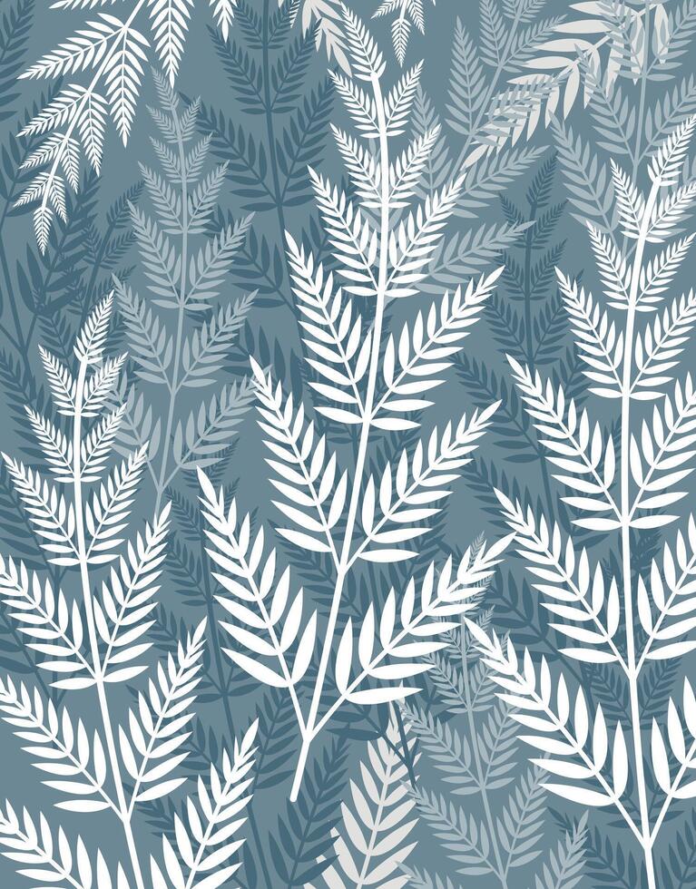 White fern leaves on blue background vector