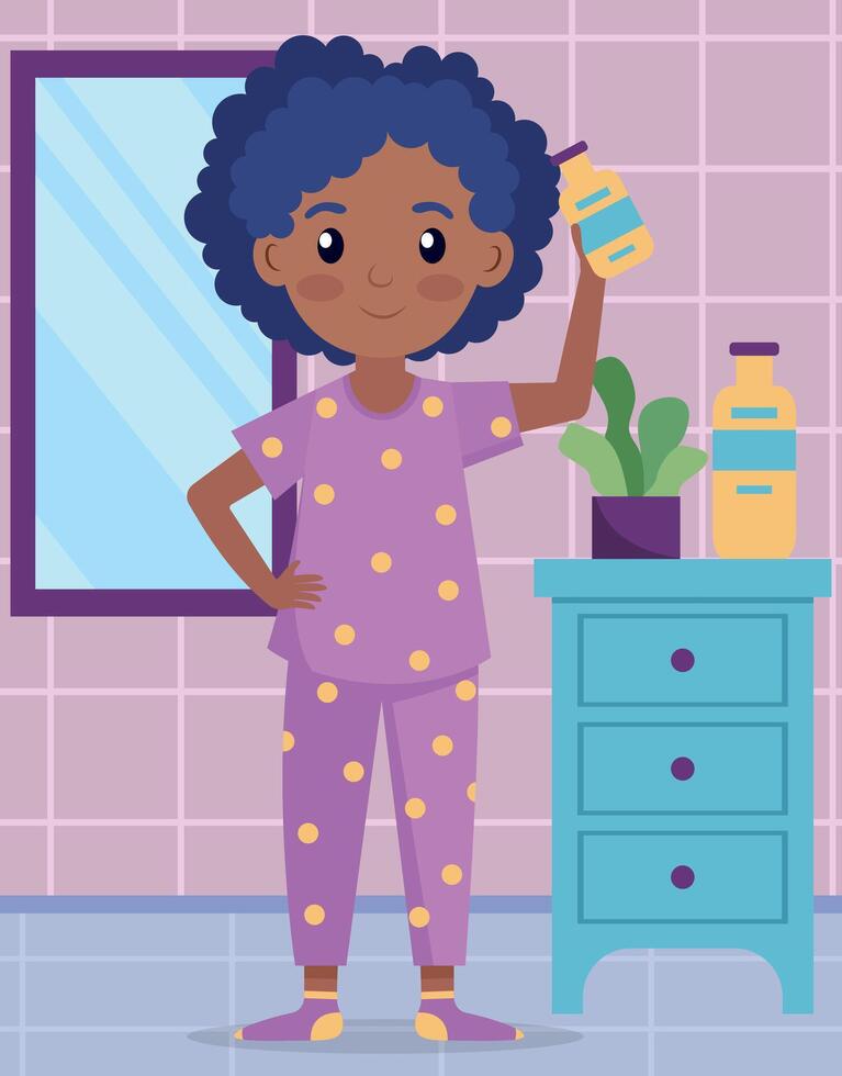 Child in pajamas holding shampoo bottle vector