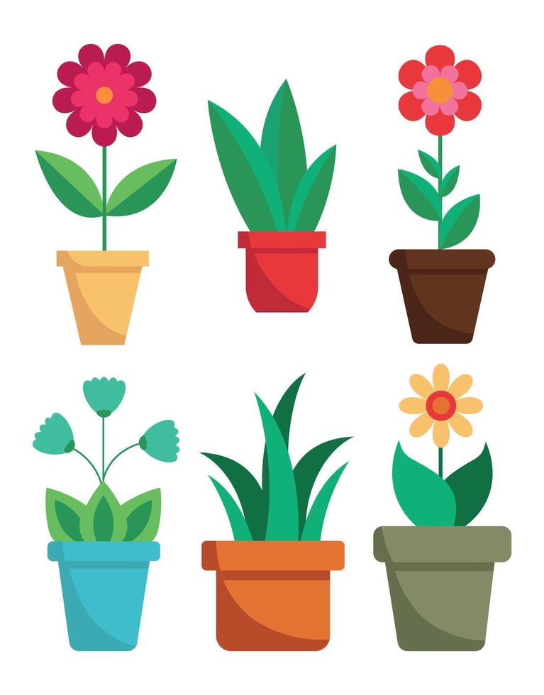 Colorful potted plants and flowers flat set vector