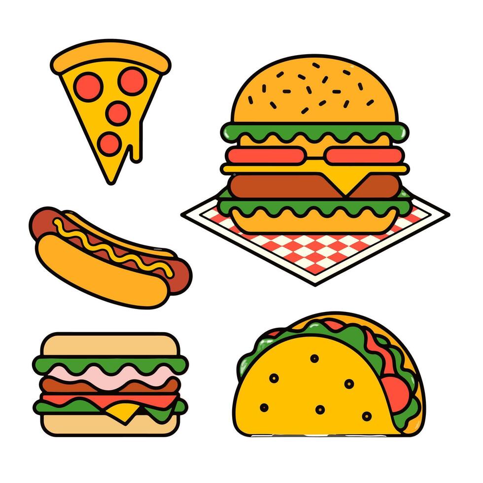fast food icons set, hamburger, pizza, hot dog, french fries, cheese, lettuce vector