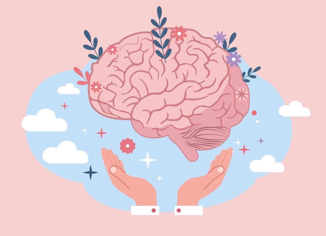 Human Brain with Hands Floral Elements Brain Health Self Care Creative Illustration Psychology and Consciousness Abstract Mental Wellbeing Design vector