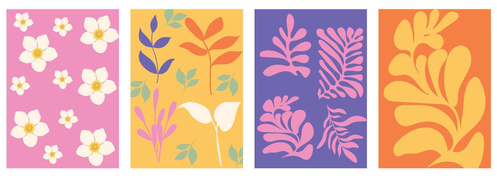 Colorful abstract floral compositions in flat style with bold shapes and modern decorative layout vector