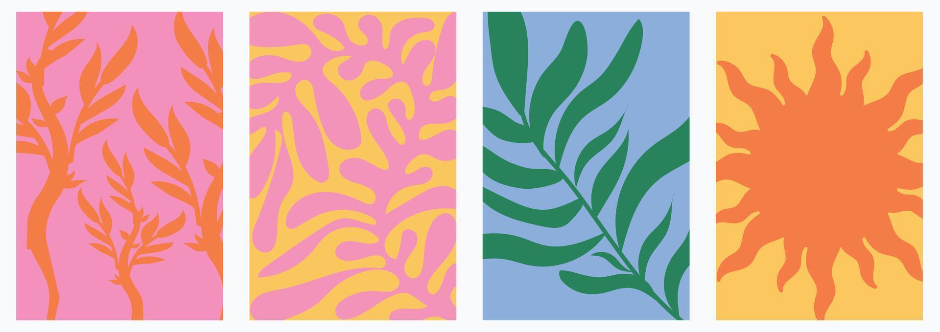 Bold abstract nature illustrations with tropical leaves and sun symbols in flat modern composition vector