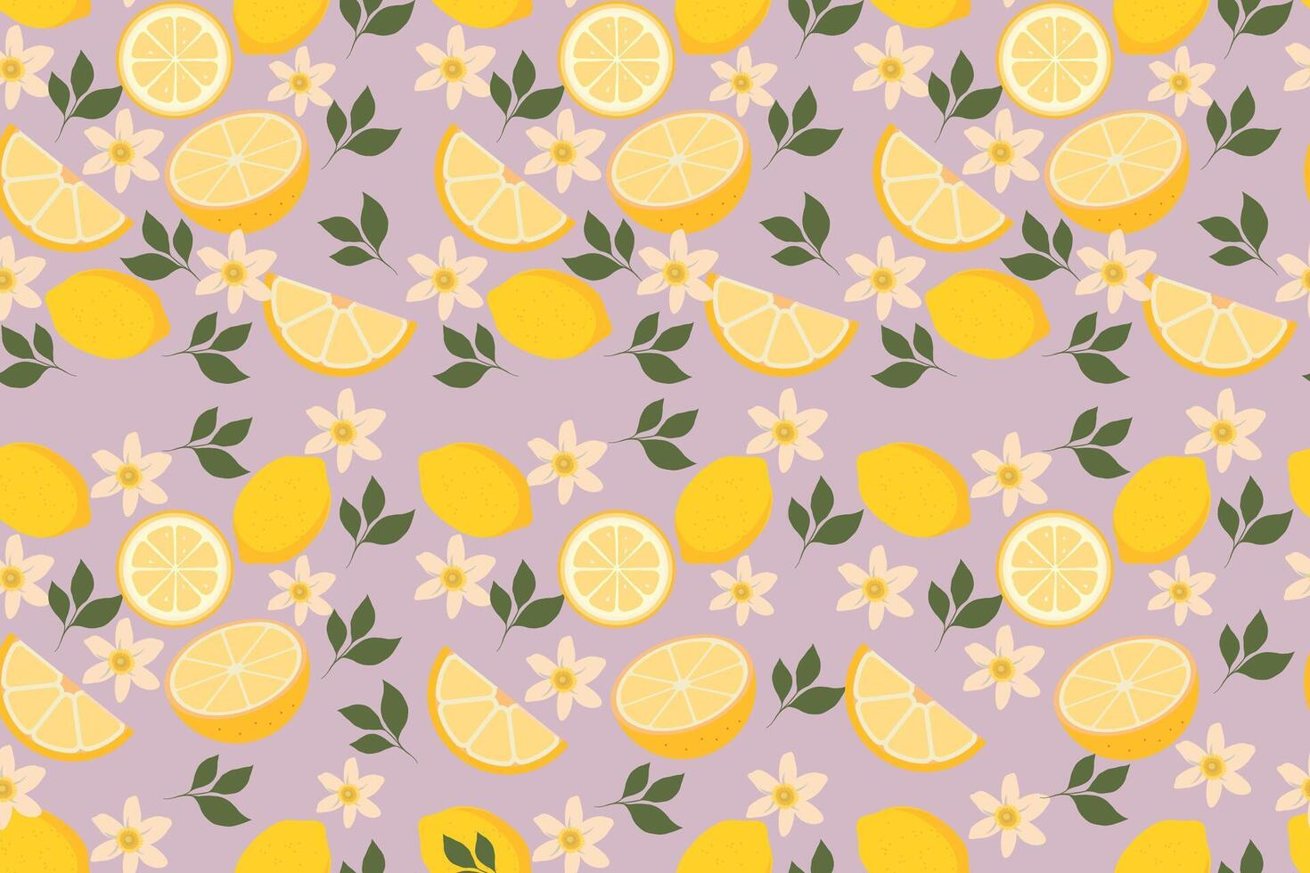 Lemon pattern with citrus fruits, flowers, and green leaves on soft purple background illustration vector