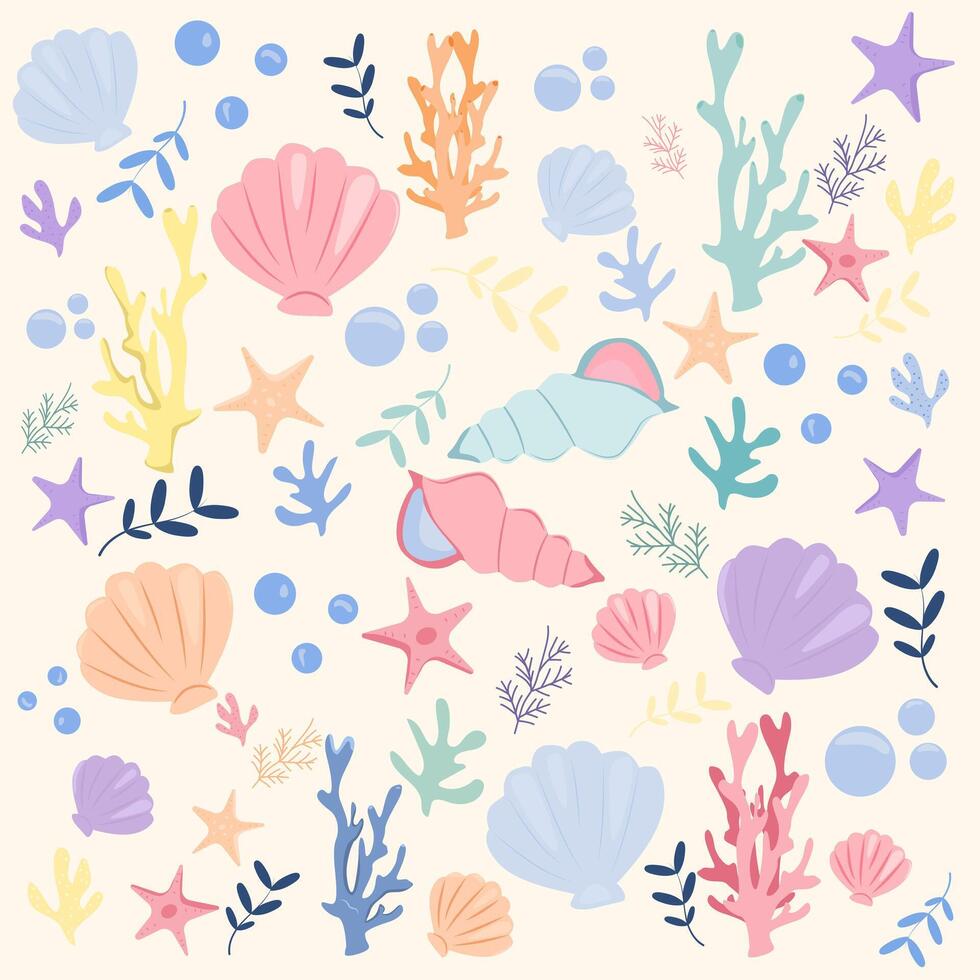 Set of marine elements corals, shells, starfish. Hand-drawn illustrations on marine themes. Pictures for icons, stickers, labels, drawings for children's books, postcards vector