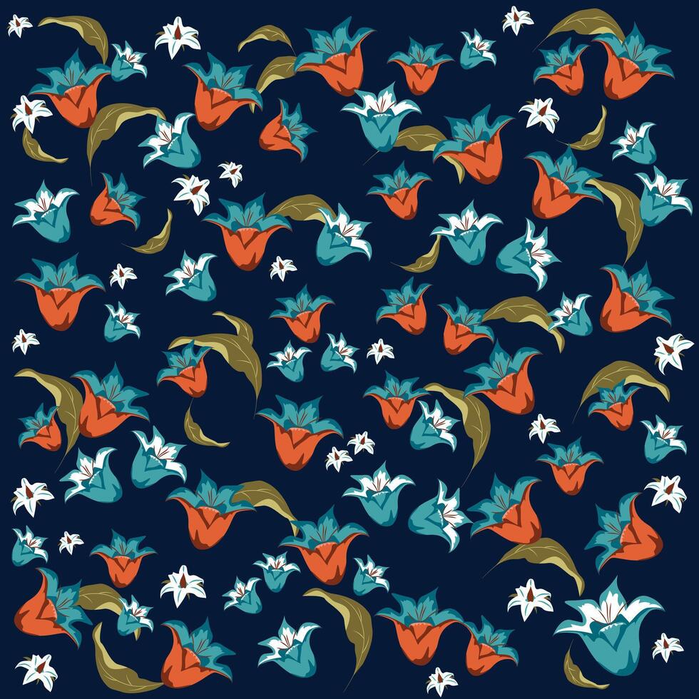 Summer illustration set of lilies, floral set. Flowers of red blue and white on a dark background. Picture for background, wallpaper, painting, stickers, icons vector
