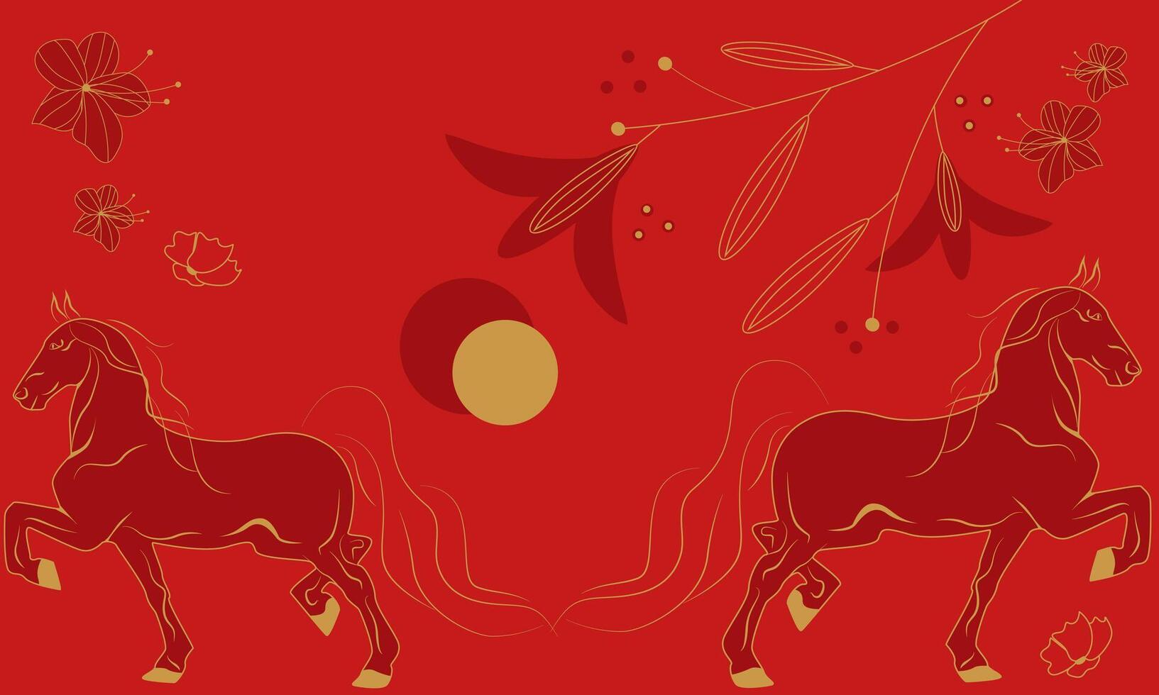 Two mustang horses of golden color on a bright red background. Horse on a butt background. Horse and flowers pattern for a leaflet. postcards, business cards, poster, cover vector