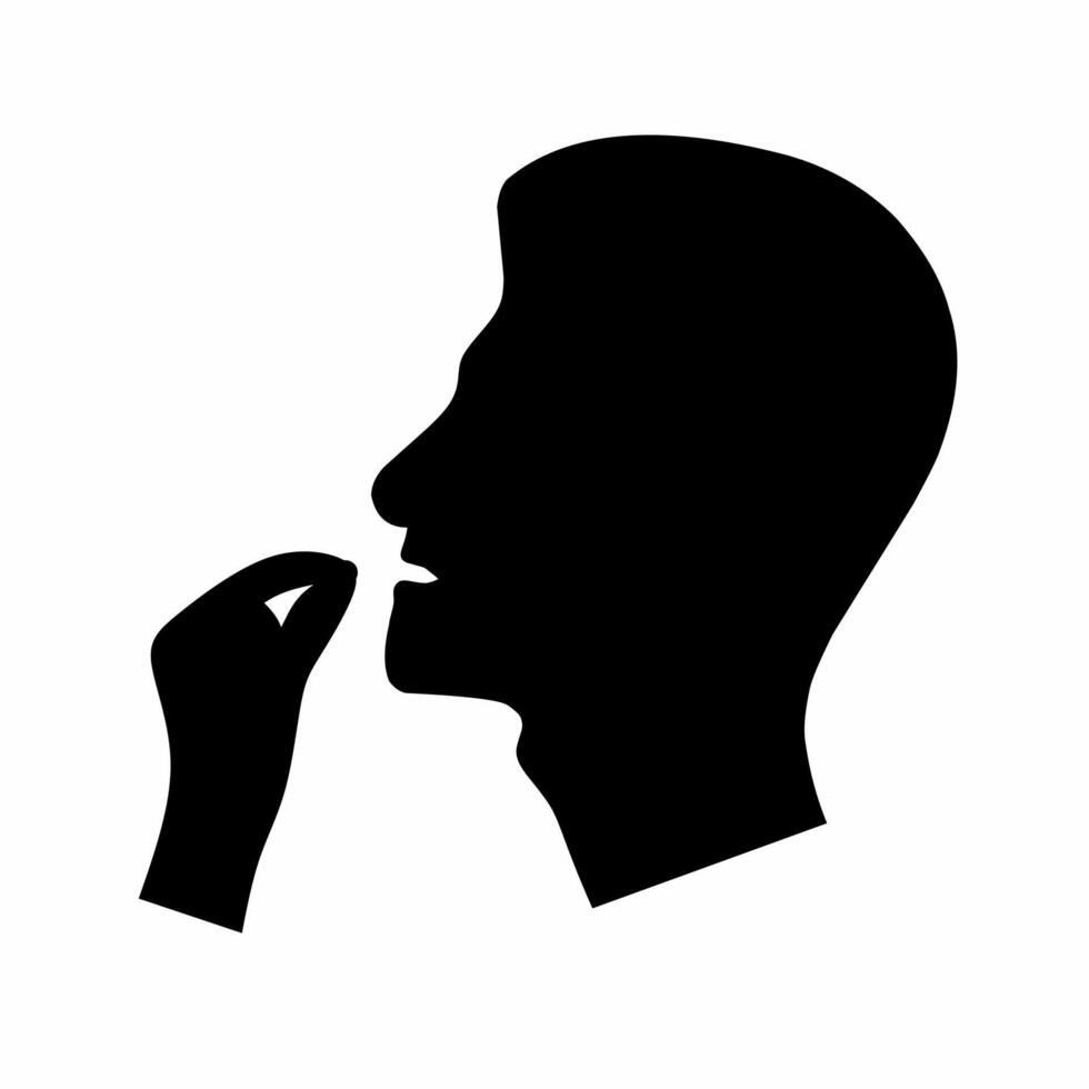silhouette of a person taking medicine pills. Head with open mouth and hand holding a medicine pill. Isolated on a white background. vector