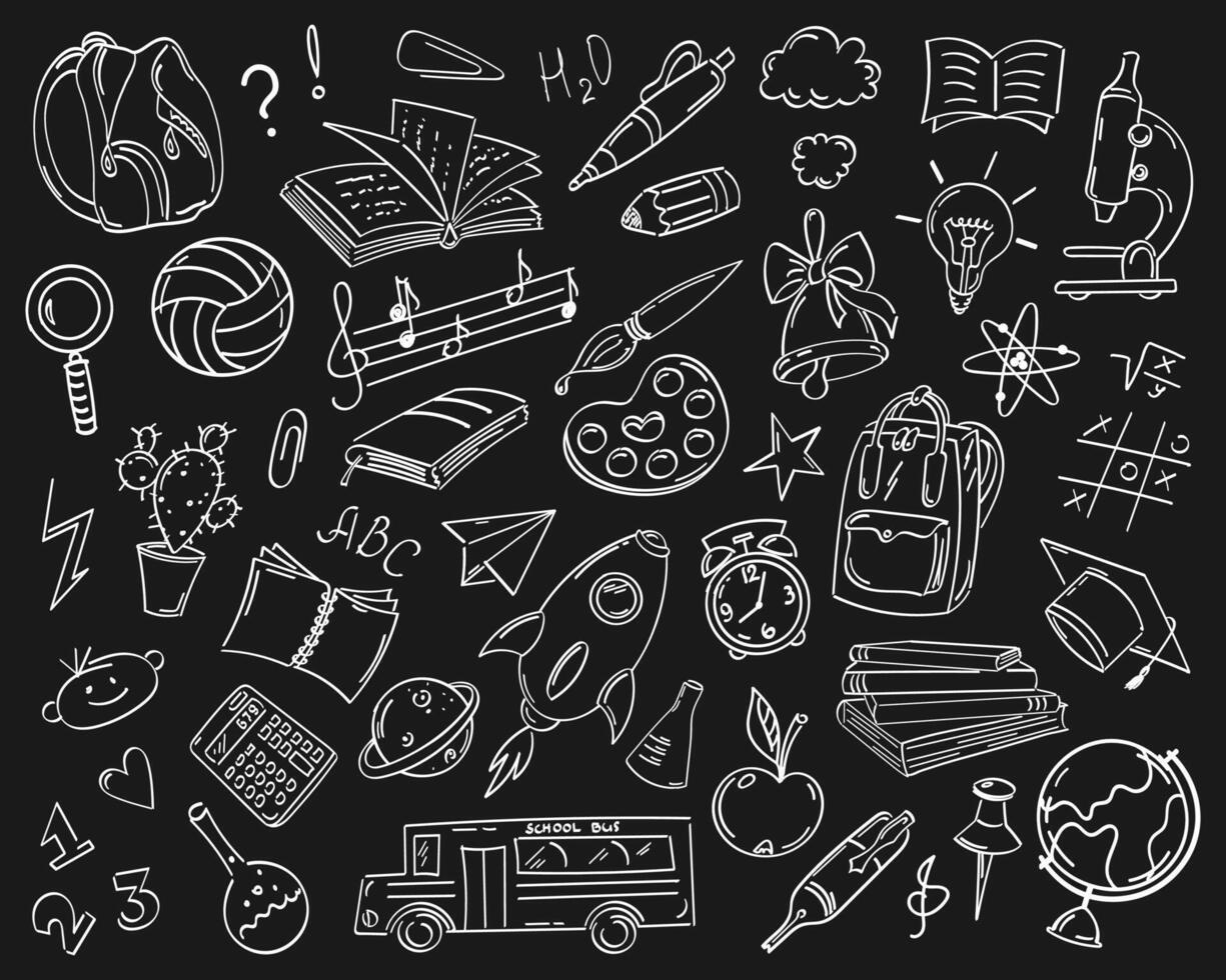 Set of drawings on the theme of education in the sketch style. Chalk shaded text back to school, globe, microscope, pens, pencils, bell, school bus, rocket, calculator, backpack and other stationery vector