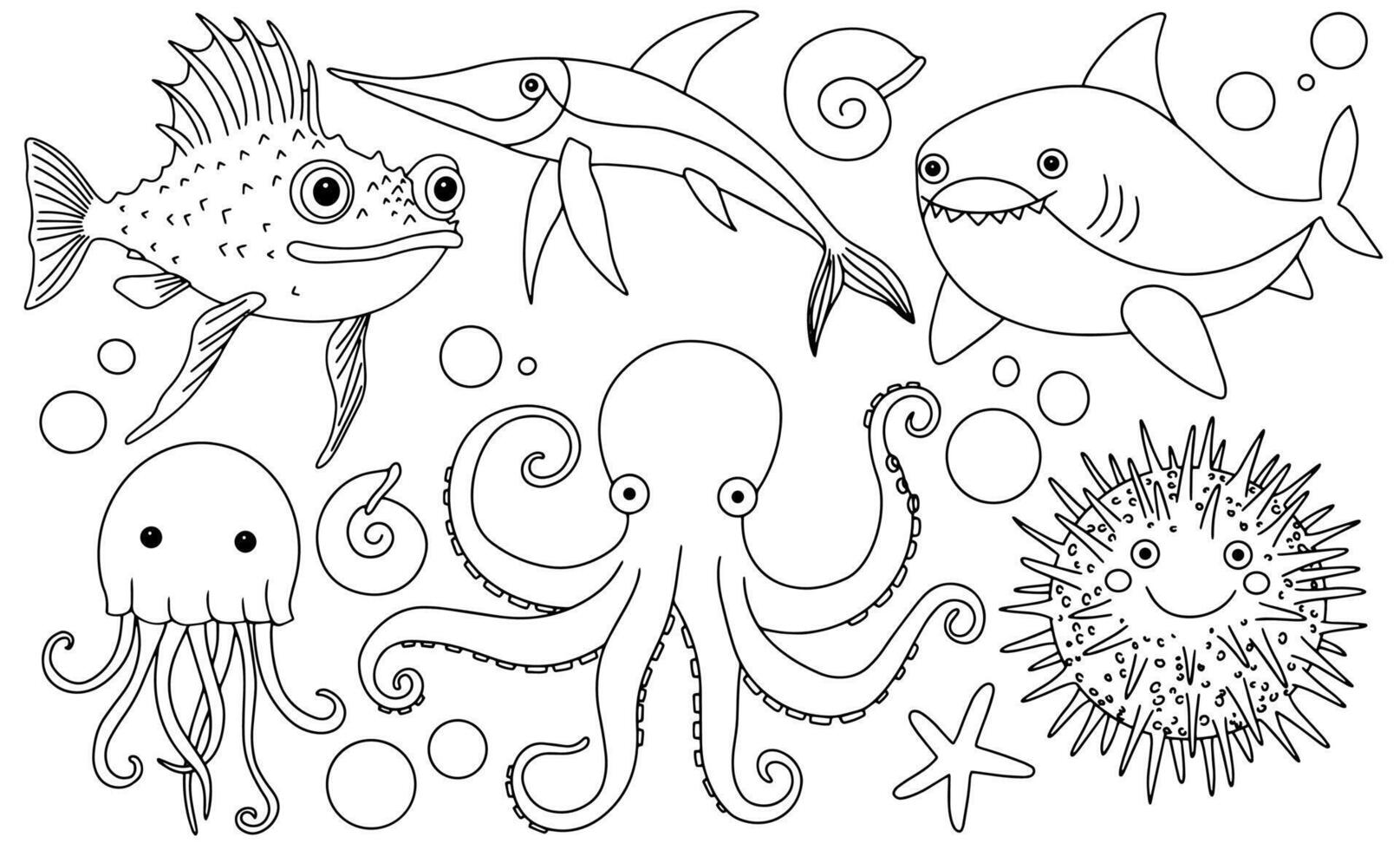 Coloring book. Adorable underwater illustration of sea creatures. Illustration in doodle style. vector