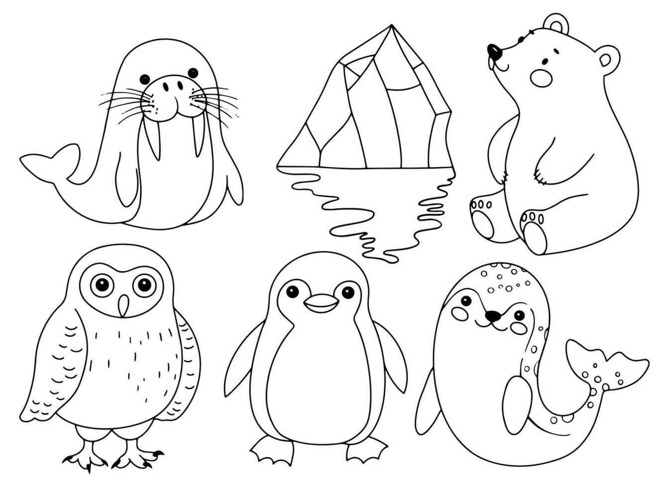 Coloring page. Set with cute characters, polar animals. Illustration in doodle style. vector