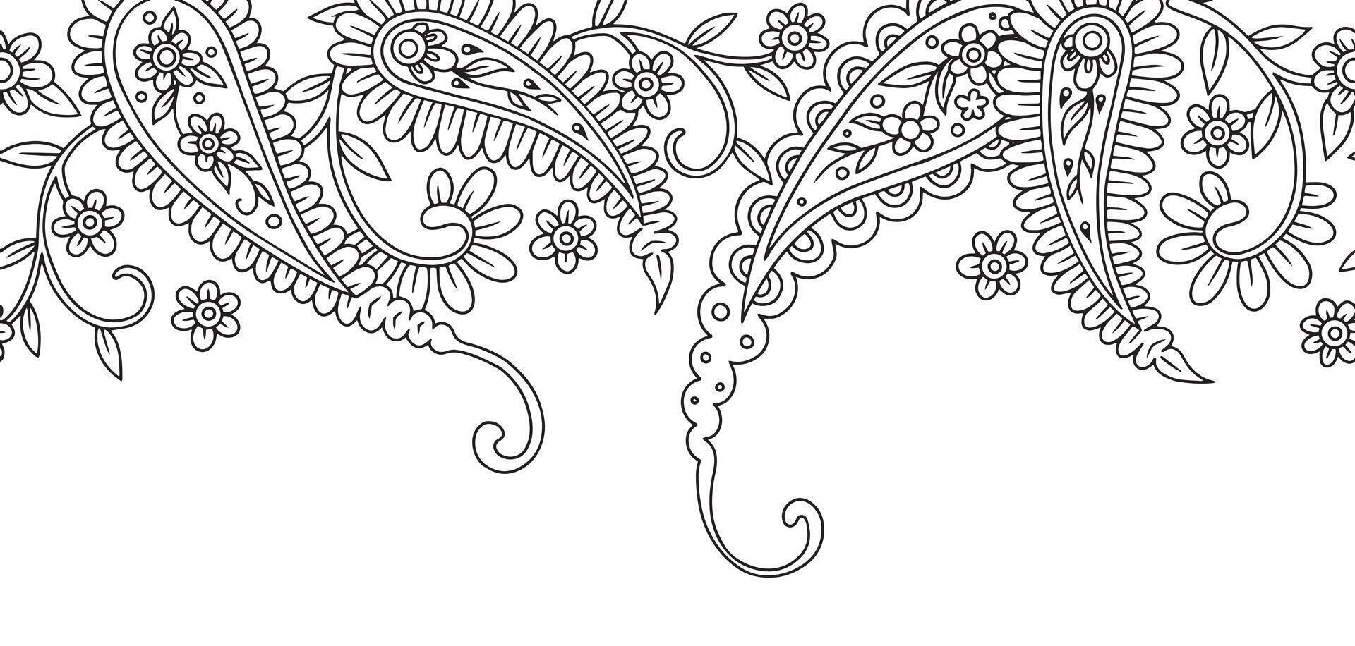 seamless border of paisley ornament. linea illustration. outline vector